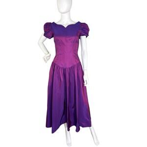 Vintage 80s Alfred Angelo Midi Dress Puff Slv Iridescent Purple Taffeta Prom S